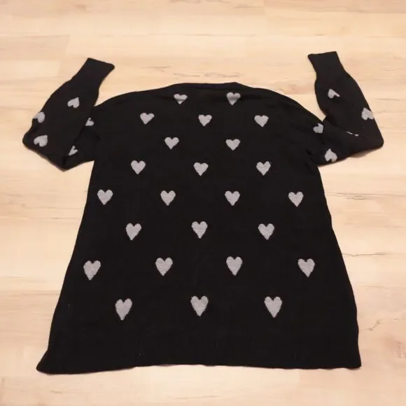M Magaschoni Women M Sweater Black Gray Heart Print Pullover Stretch Knit - Picture 2 of 7